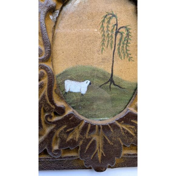 Miniature Metal Picture Frame Original Painting Weeping Willow Sheep Pastoral - Picture 2 of 5